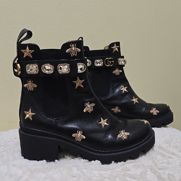 Gucci Black Boots with Gold Star and Bee Accents - Picture 1 of 6